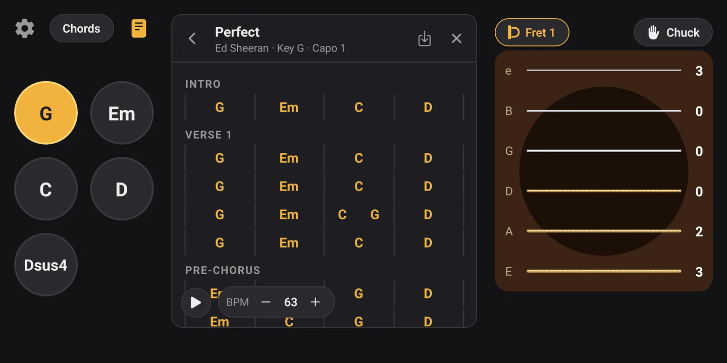 The song view: Perfect by Ed Sheeran open beside the strings, its chords on the chord buttons and capo set to fret 1.