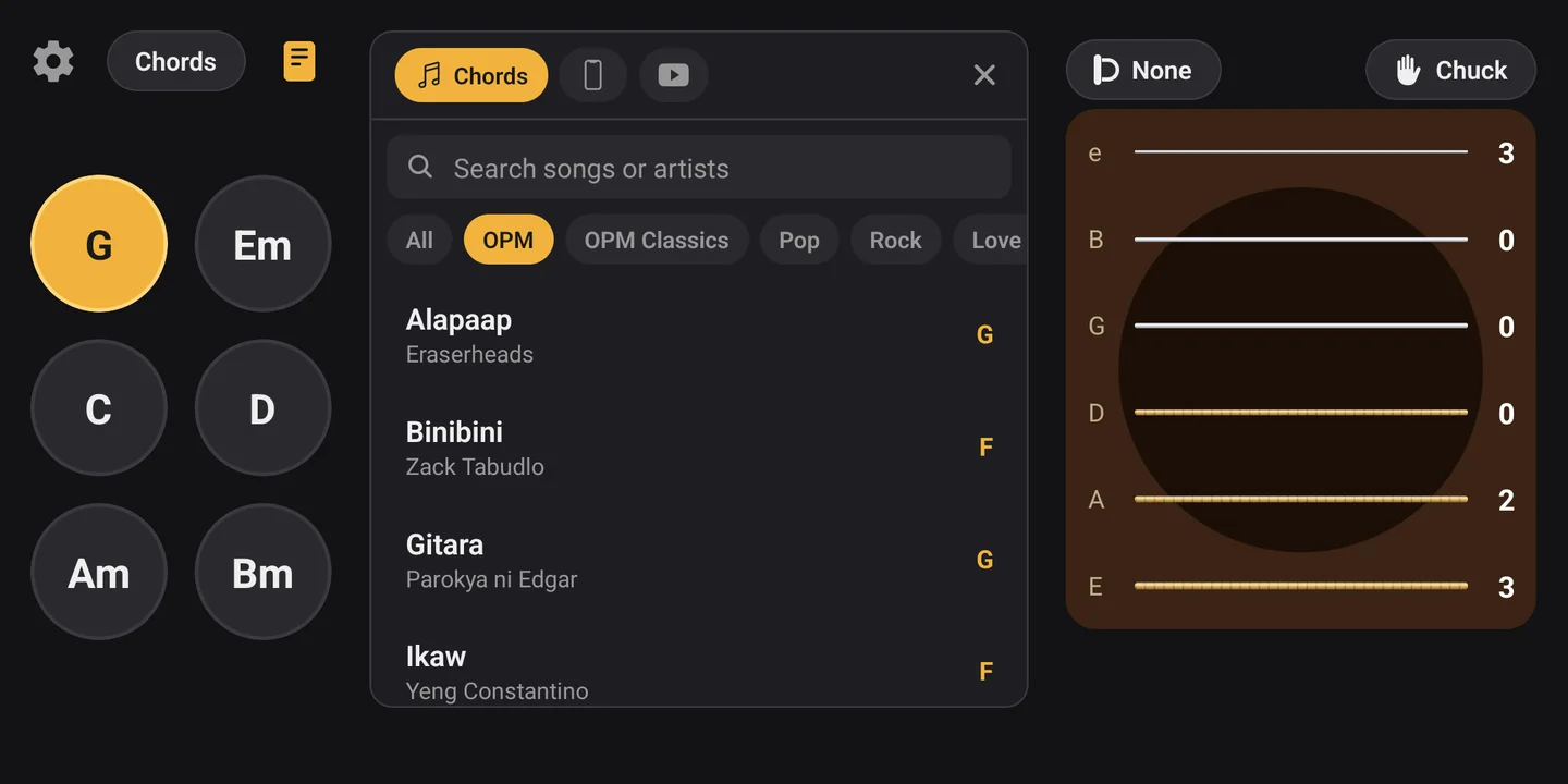 The song list filtered to OPM, with search and categories.