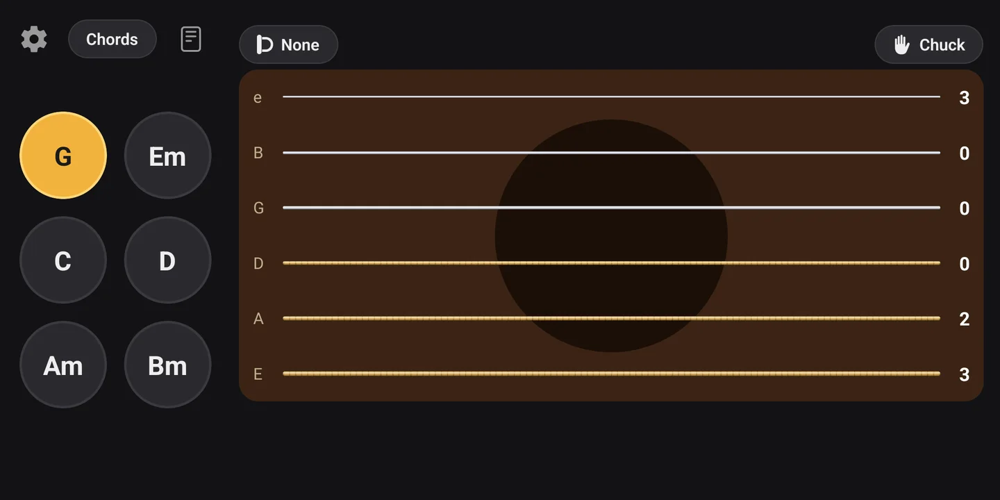 InstaJam's guitar screen: chord buttons G, Em, C, D, Am and Bm beside six strings over a wooden guitar body.
