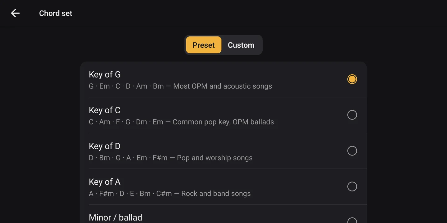 Chord set picker with preset keys G, C, D, A and Minor.
